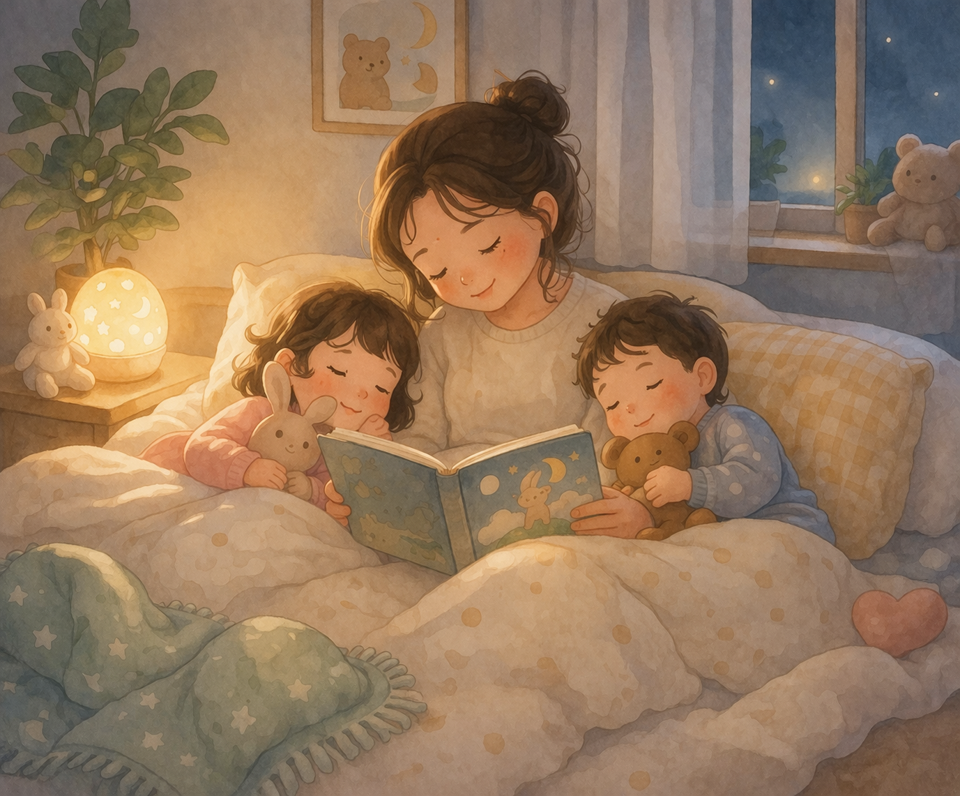 A mother reading a picture book to two children in a softly lit room with only a night light on, illustrating a calming bedtime routine before sleep.