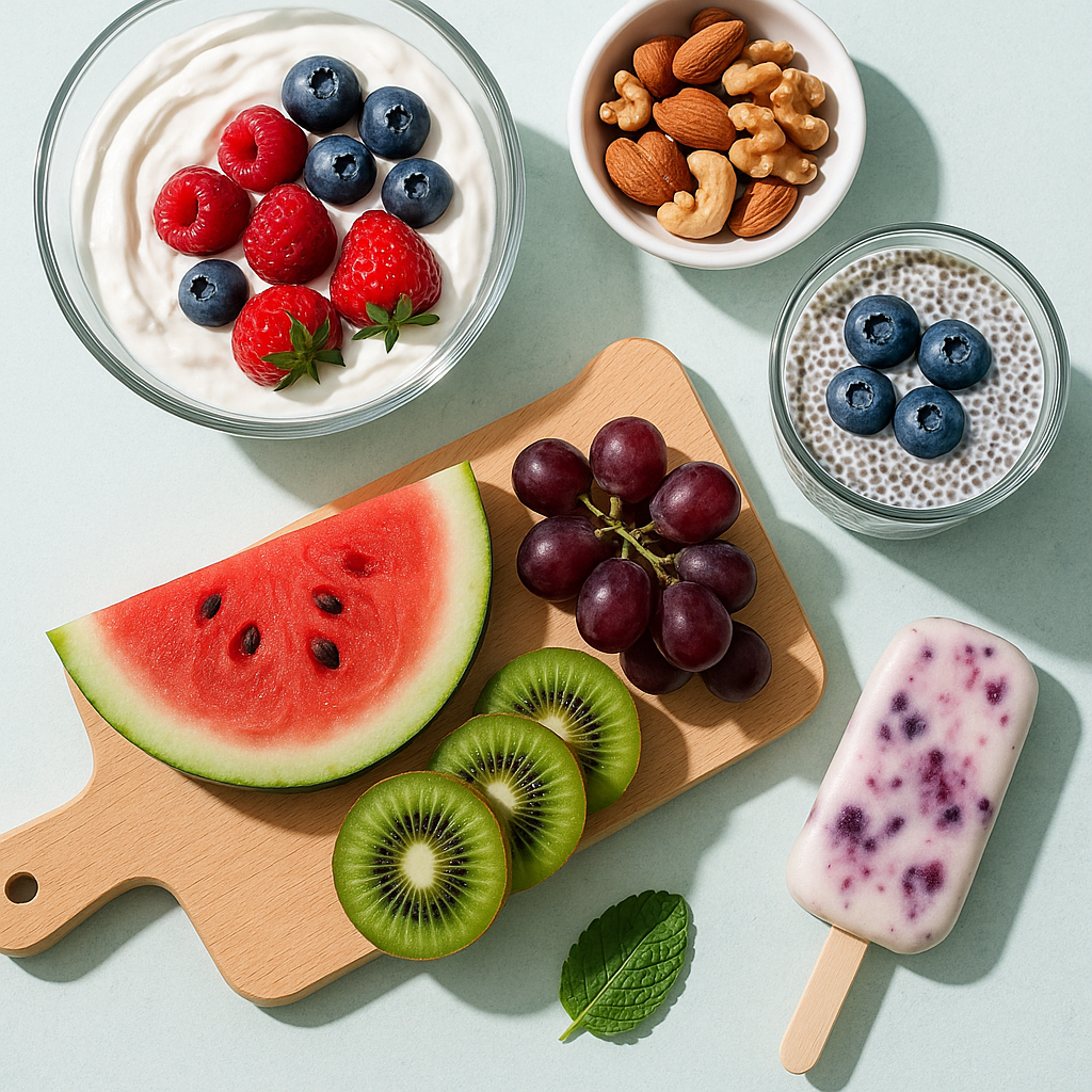 시원한 여름 배경에 다양한 건강 간식들이 예쁘게 배치된 모습
