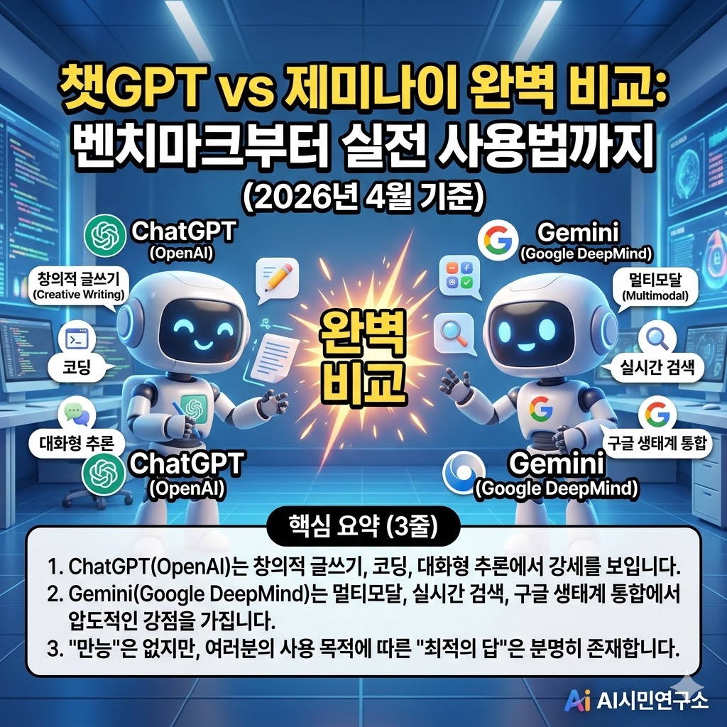 챗GPT vs 제미나이 완벽 비교: 벤치마크부터 실전 사용법까지 (2026년 4월 기준)