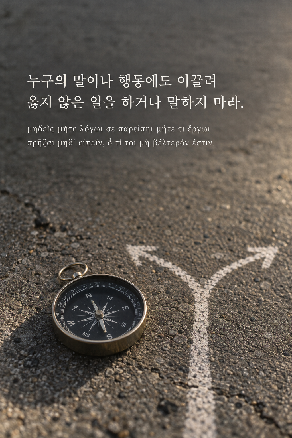 누구의 말이나 행동에도 이끌려 옳지 않은 일을 하거나 말하지 마라. 갈라진 분필 선 옆 나침반 배경에 한국어와 그리스어 원문을 담은 피타고라스 학파 명언 이미지