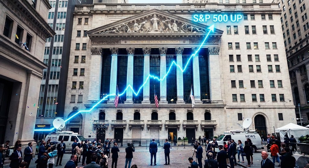 미국 뉴욕 증권거래소의 활기찬 모습과 S&P 500 상승 그래프 이미지