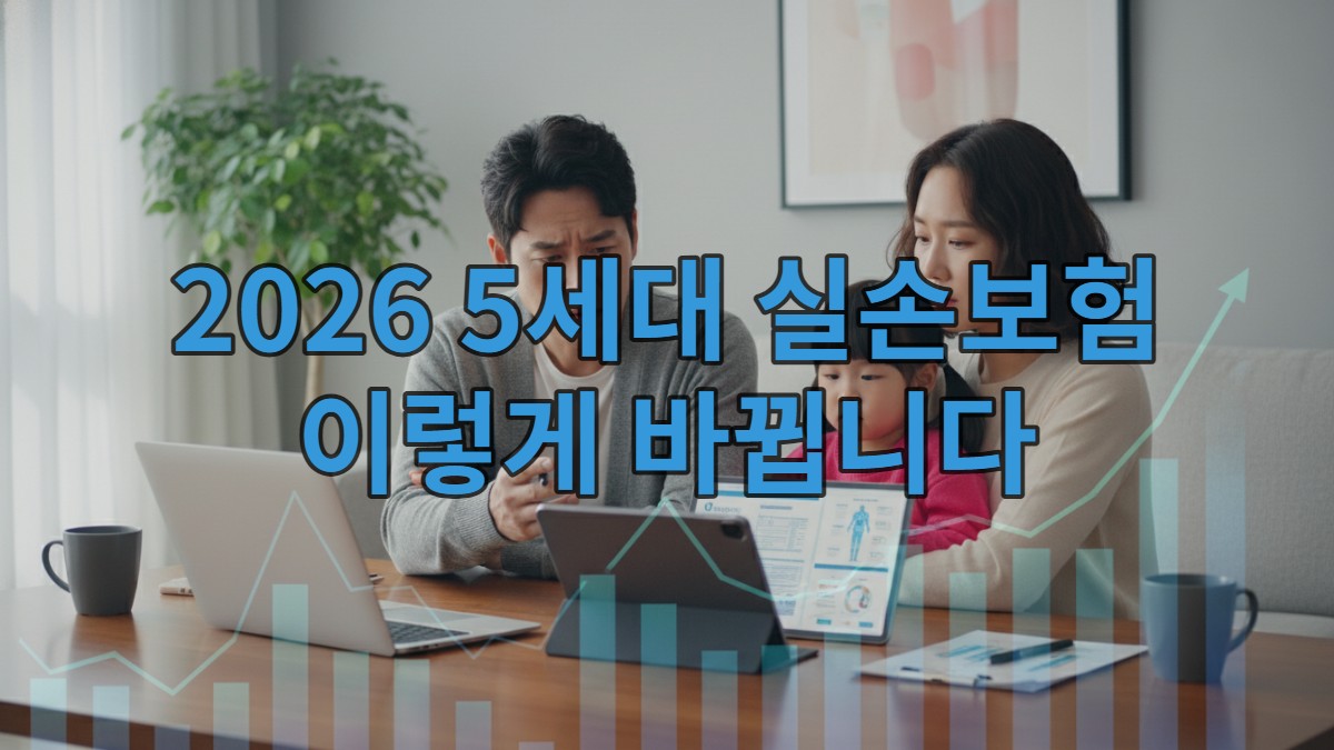 태블릿으로 2026년 5세대 실손보험 변경사항을 확인하며 의료비 계획을 세우는 한국인 가족의 모습