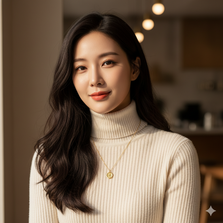 심플한 니트 위에 포인트가 되는 골드 목걸이를 한 여성의 클로즈업 샷