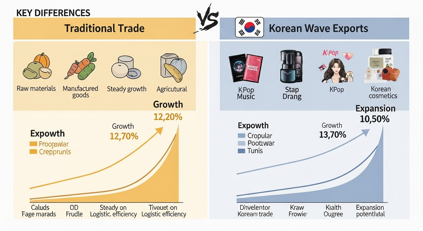전통 무역과 한류 수출 차이 (상품, 감성, 확장력)