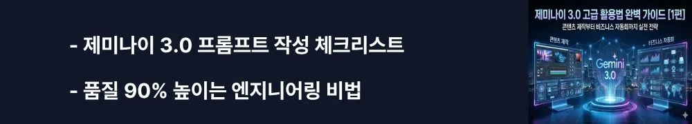 '제미나이 3.0 프롬프트 작성 체크리스트'와 '품질 90% 높이는 엔지니어링 비법'이라는 문구가 포함된 웹배너 이미지. 이 이미지는 역할 설정, 구체적 목표, 출력 형식, 제약조건을 포함한 4요소 프롬프트 구조와 멀티스텝 체인 전략을 시각적으로 전달하며, 블로그의 효과적인 프롬프트 엔지니어링 핵심 전략과 관련된 내용을 설명함 (prompt engineering, quality optimization, multi-step chain)