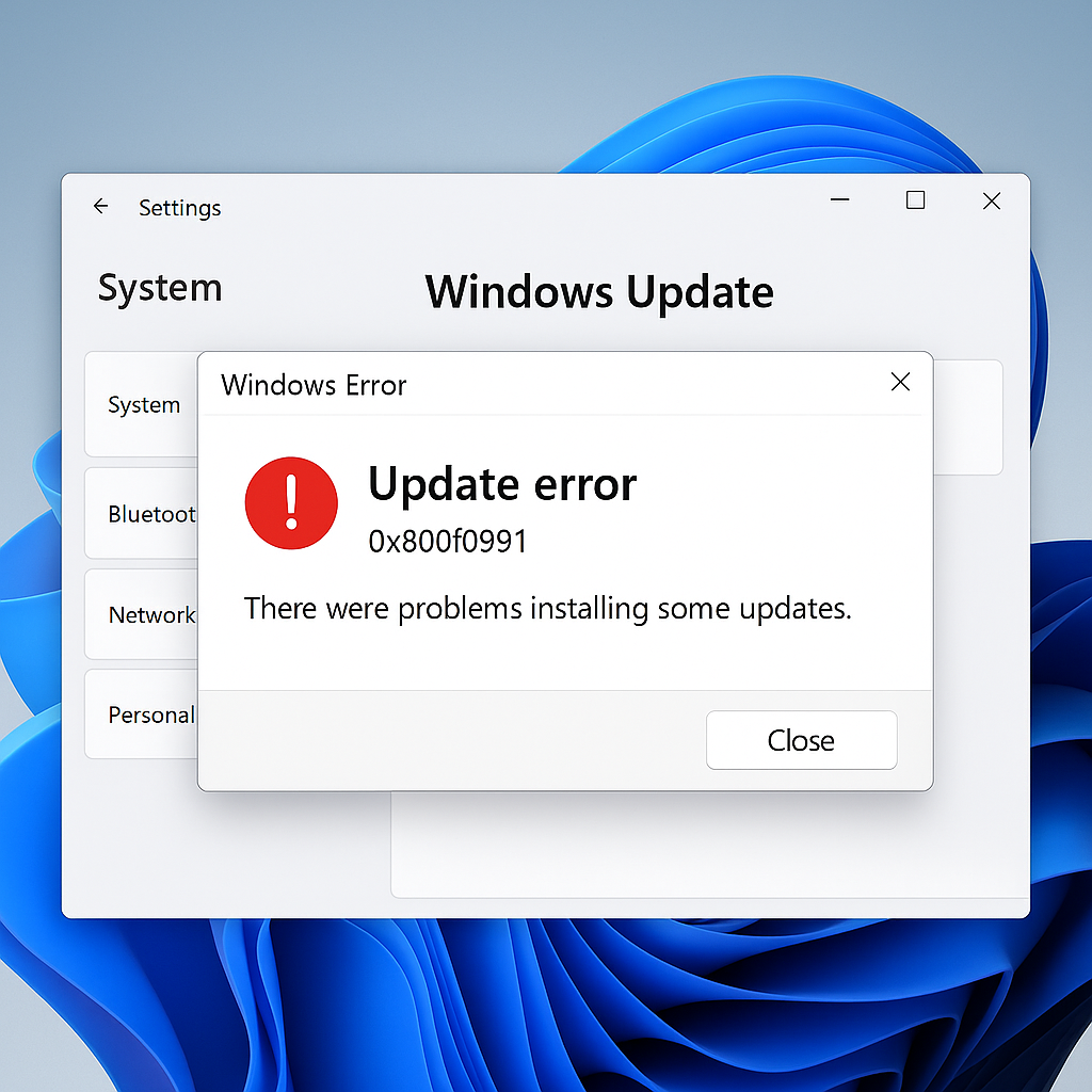 Windows 11 24H2 0x800f0991 업데이트 실패 오류 화면 스크린샷