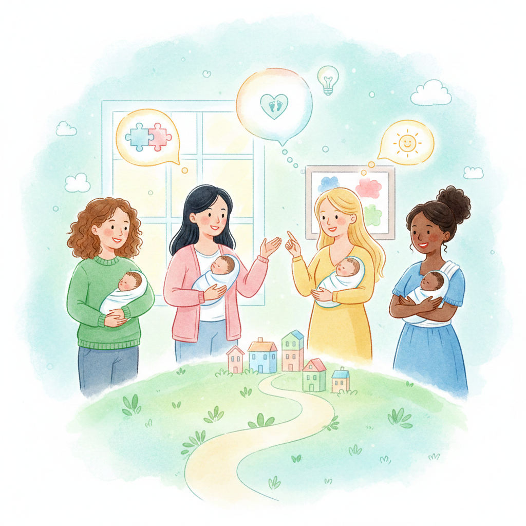 산후조리원에서 각기 다른 MBTI 성향을 가진 엄마들이 아기를 안고 밝게 웃으며 육아 정보를 공유하는 수채화풍 삽화