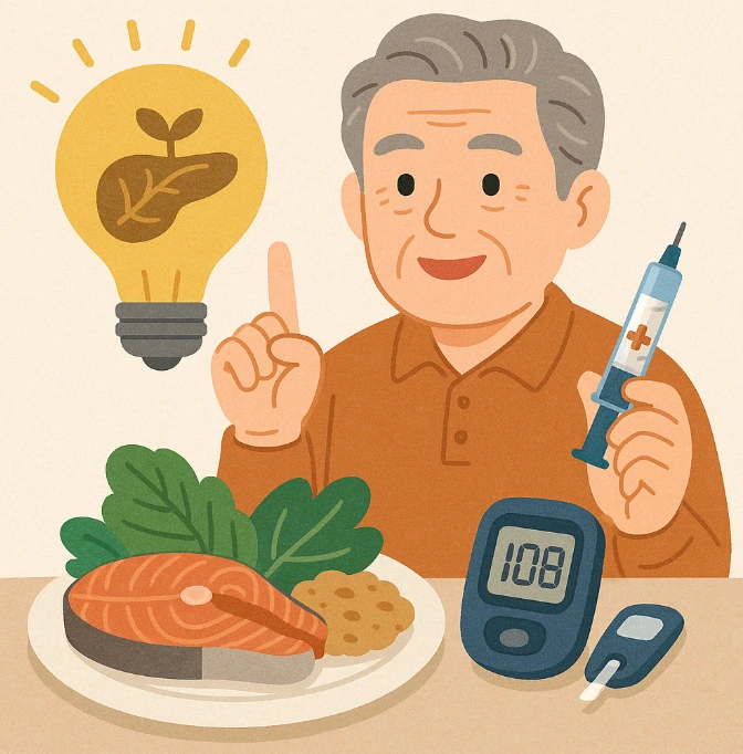 연어 샐러드와 건강식, 약간의 약물치료로 깨달음을 얻고 행복해하는 할아버지가 있는 사진