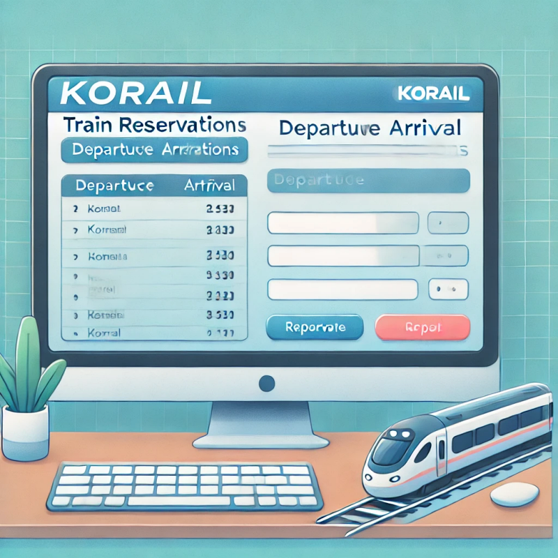 코레일 웹사이트의 열차 예약 페이지를 데스크톱 화면에서 보여주는 깔끔하고 현대적인 디자인의 일러스트