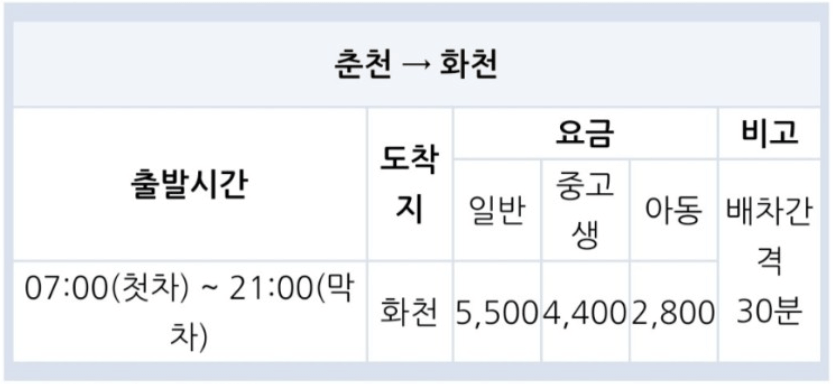 화천에서-춘천가는-버스-시간표-및-이용요금