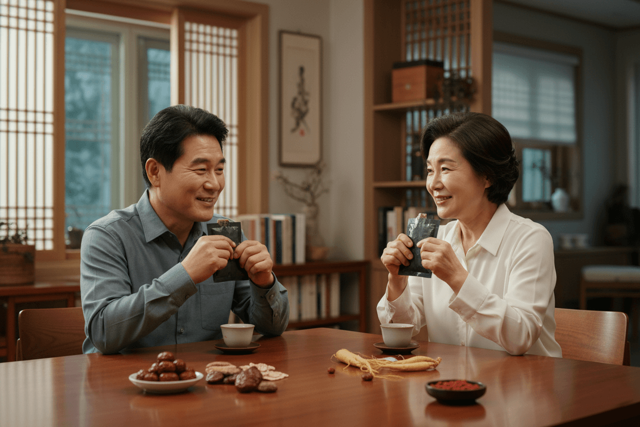 60대 한국인 부부가 식탁에 나란히 앉아 흑염소 진액 파우치를 들고 웃으며 함께 마시는 장면, 따뜻한 조명과 전통 한옥 느낌이 어우러진 가족 분위기, 제품 박스는 화면 구석에 흐릿하게만 보이게 처리