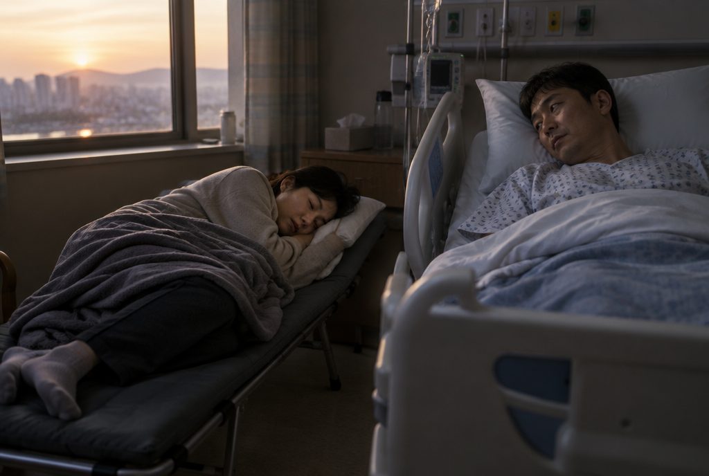 가족 간병 중 병실 보조침대에서 잠든 아내와 뇌출혈 환자 남편