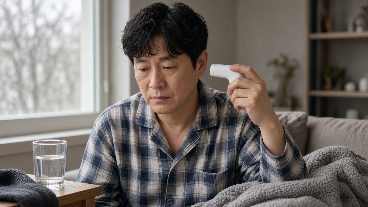 집에서 비접촉 이마 체온계로 스스로 체온을 재는 40대 한국인 남성