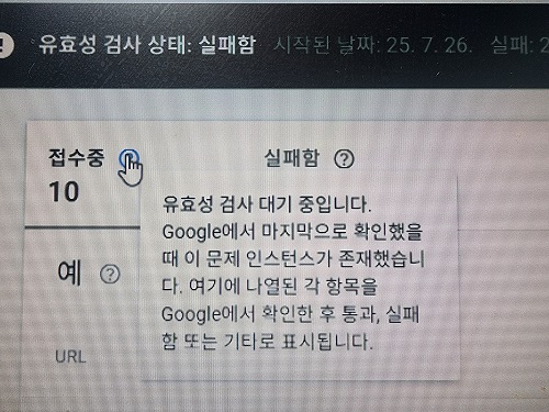 "Google 서치콘솔에서 유효성 검사 대기 중인 10개의 URL 목록과 오류 설명이 표시된 화면"