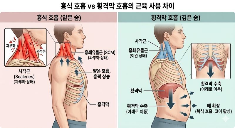 얕은 흉식 호흡 시 과부하가 걸리는 목 근육과 깊은 횡격막 호흡 시 이완되는 목 근육의 차이를 보여주는 인체 해부 도해