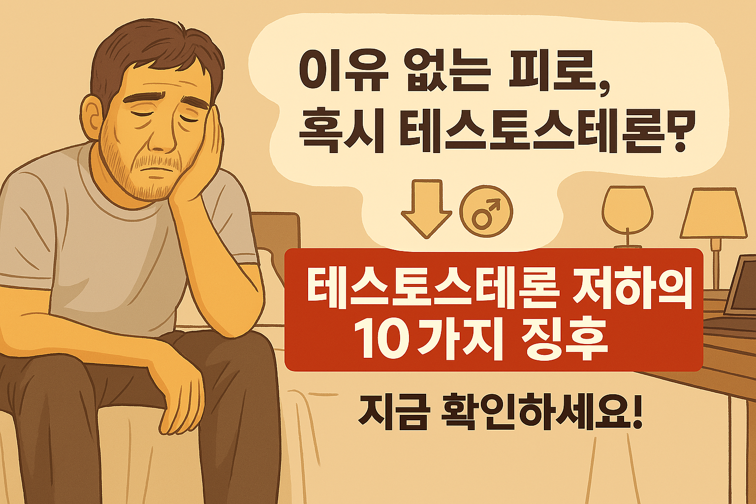 테스토스테론 저하의 10가지 징후 : 피로 , 근육량 감소 , 성욕감소 , 우울감 , 수면 장애 , 탈모 , 집중력 저하 , 골밀도 감소 , 빈혈
