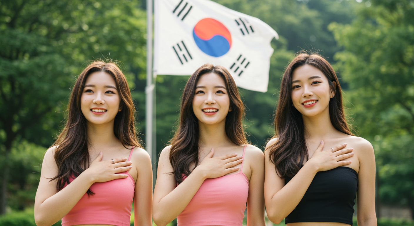 국기에 대한 경례를 하고있는 세 여성