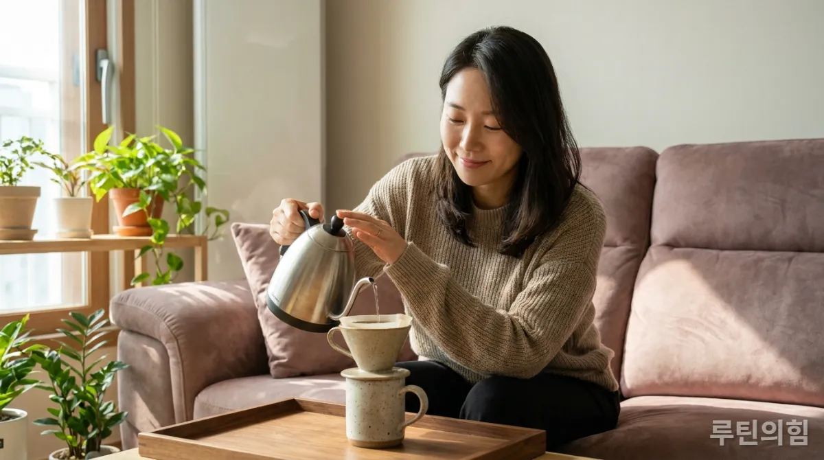 집에서 천천히 핸드드립 커피를 내리는 여성
