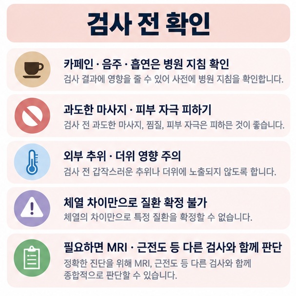 카페인 음주 흡연 피부 자극 외부 온도 영향을 주의하고 체열검사를 단독 확진검사로 보지 않는 체크리스트 이미지