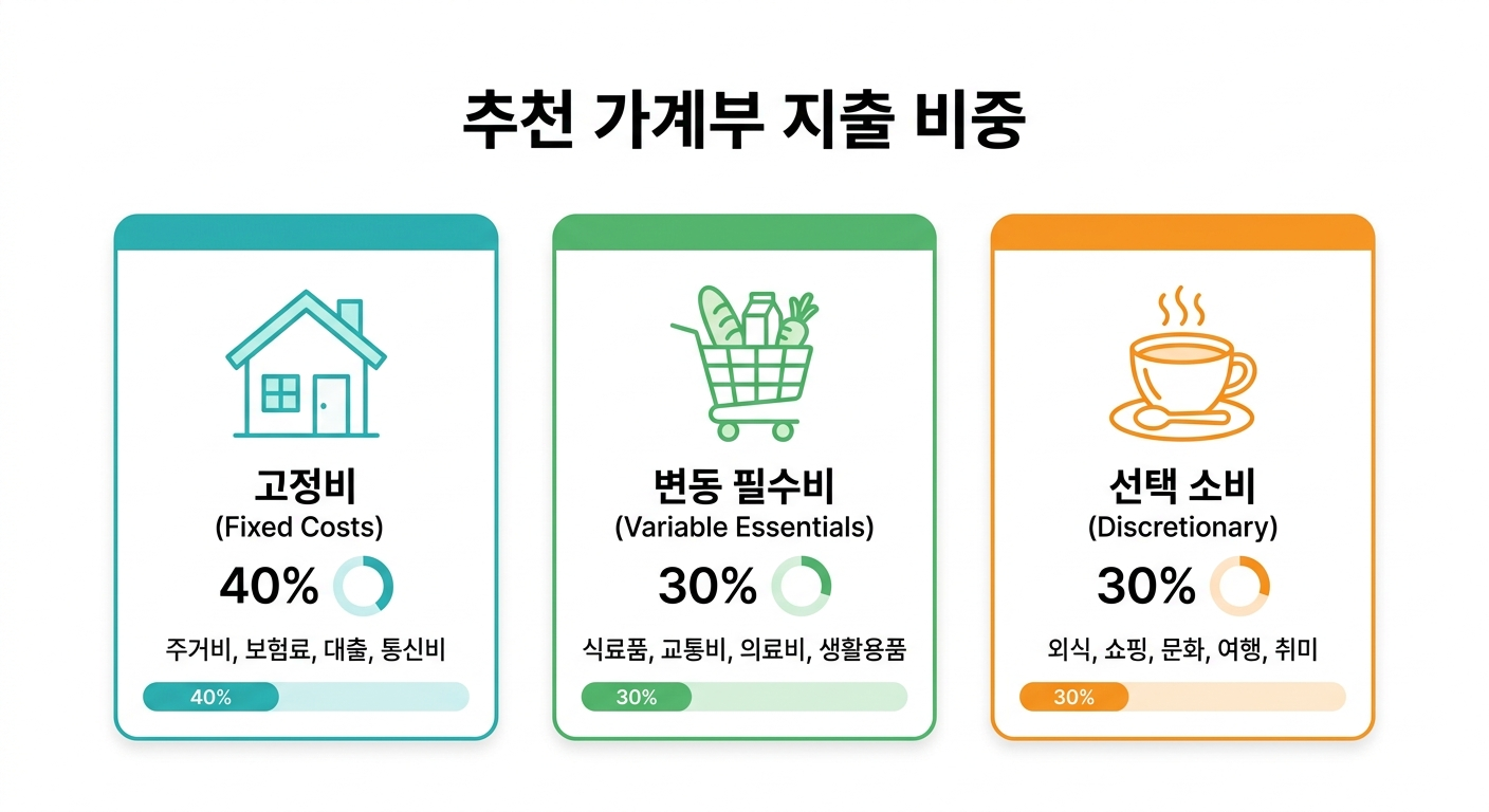 생활비를 고정비, 변동 필수비, 선택 소비 세 가지 범주로 분류한 인포그래픽