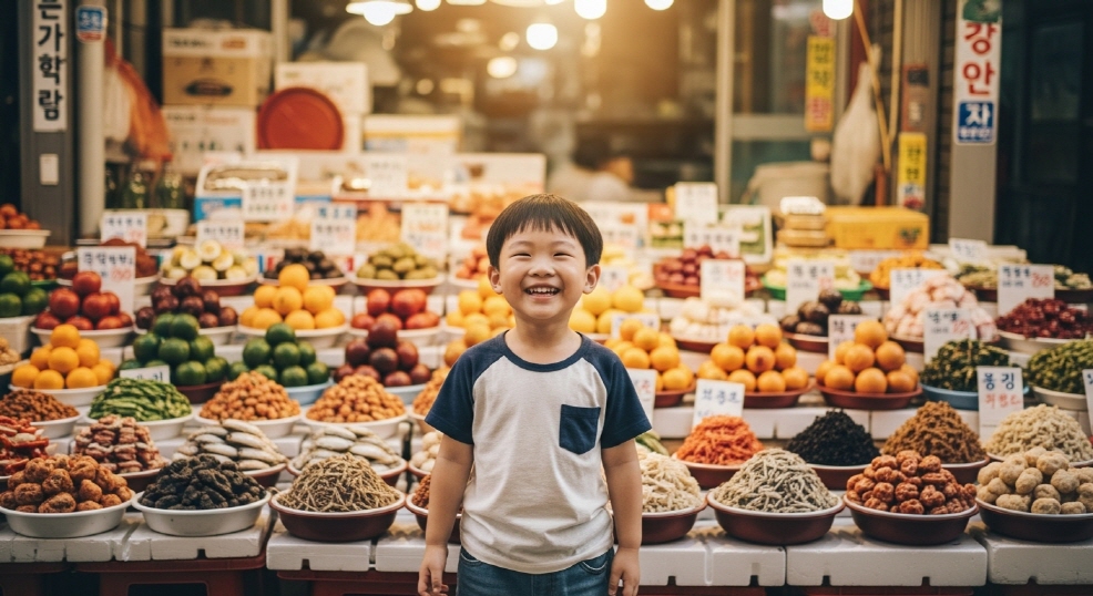 단양여행&amp;#44; 시장 먹거리 앞에서 환하게 웃는 아이