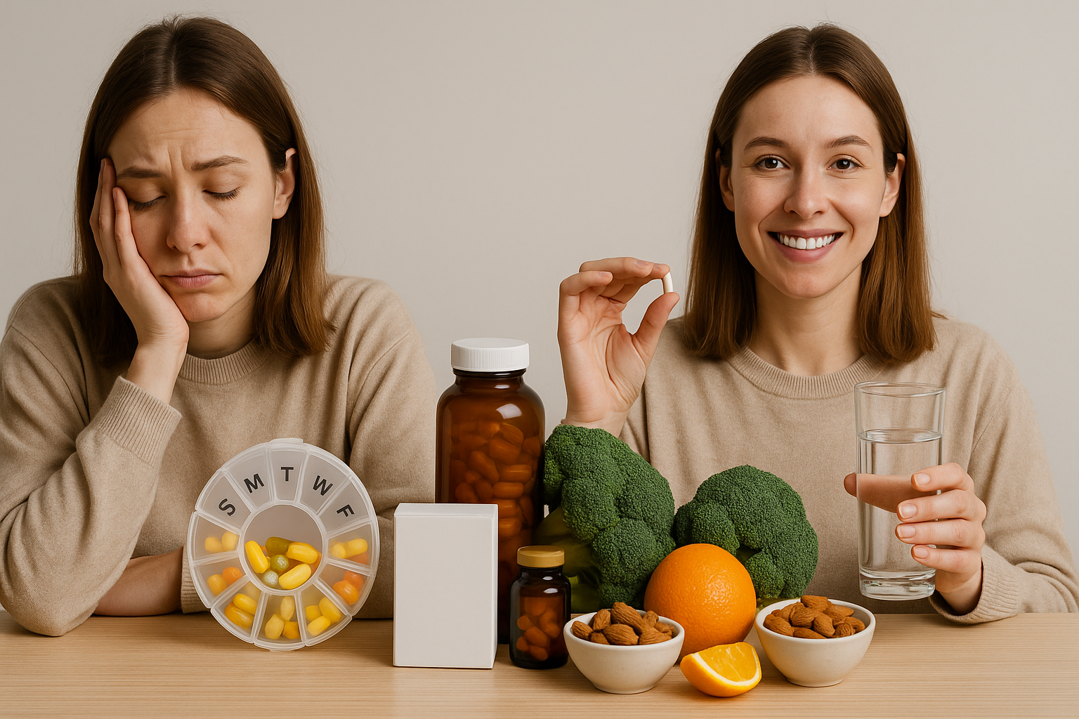 비타민과 미네랄 보충을 위해 다양한 영양제를 섭취하는 성인의 건강한 식단 장면