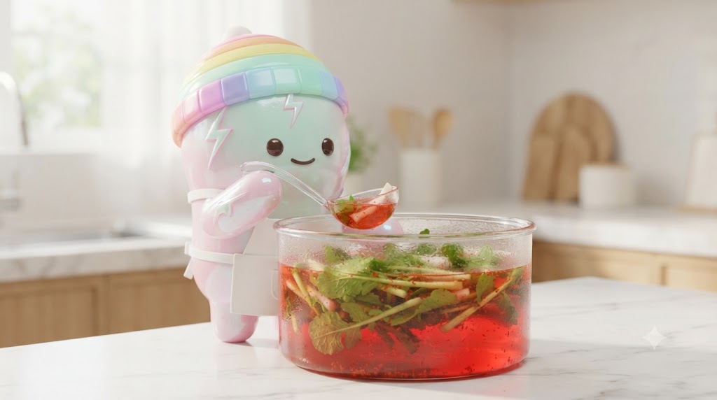 맑고 붉은 국물이 매력적인 열무물김치입니다. 어린 열무의 초록빛이 살아있고, 쫀쿠가 국자로 살얼음 낀 국물을 떠 올리며 행복해하고 있습니다. 잘 익은 새콤한 향이 여기까지 전해지는 듯합니다.