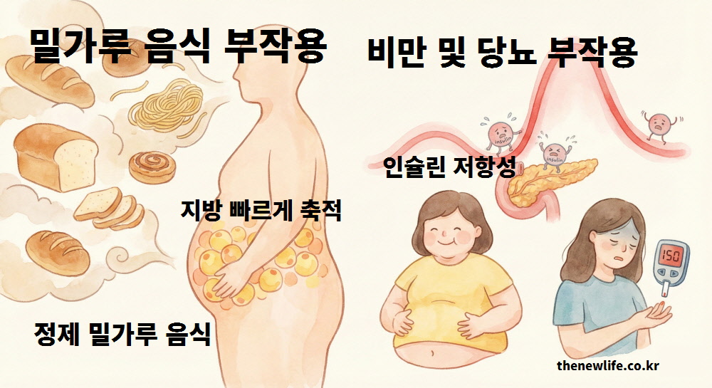 정제 밀가루 음식 섭취 시 지방 축적 속도가 빨라지고 인슐린 저항성이 높아져 비만 및 당뇨 부작용을 유발하는 과정을 설명한 인포그래픽