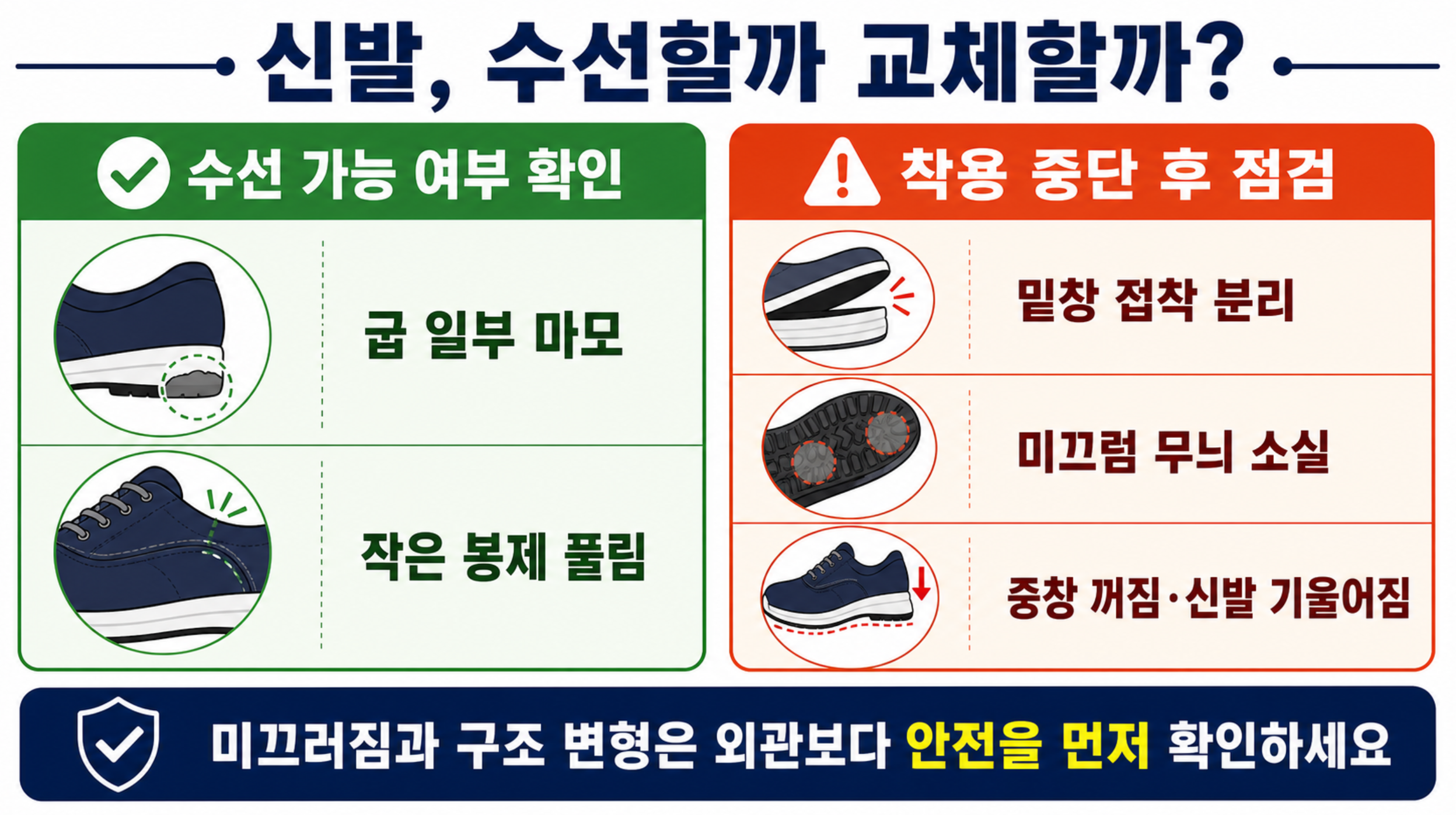 신발의 밑창 마모와 접착 분리를 확인해 수선 또는 교체를 판단하는 방법