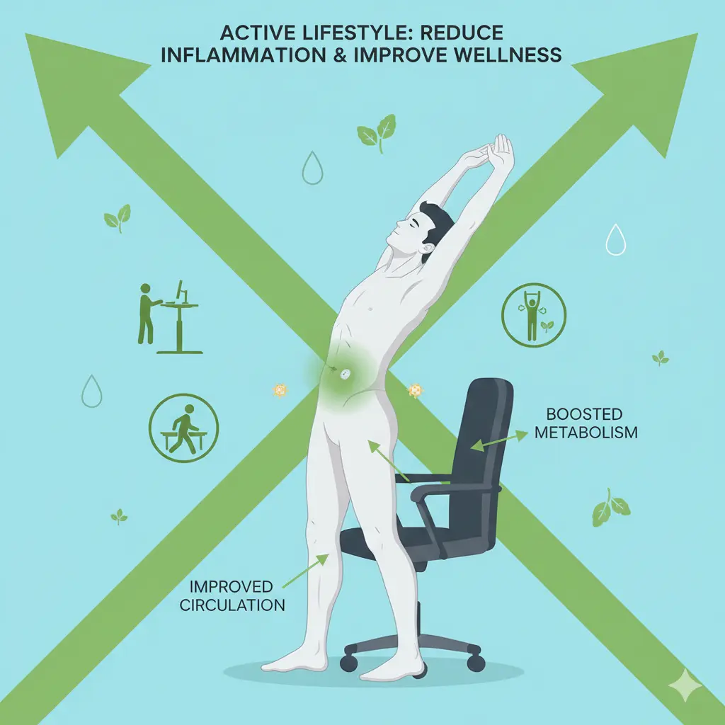 만성 염증을 줄이기 위한 가벼운 움직임과 생활 개선 습관을 보여주는 그래픽