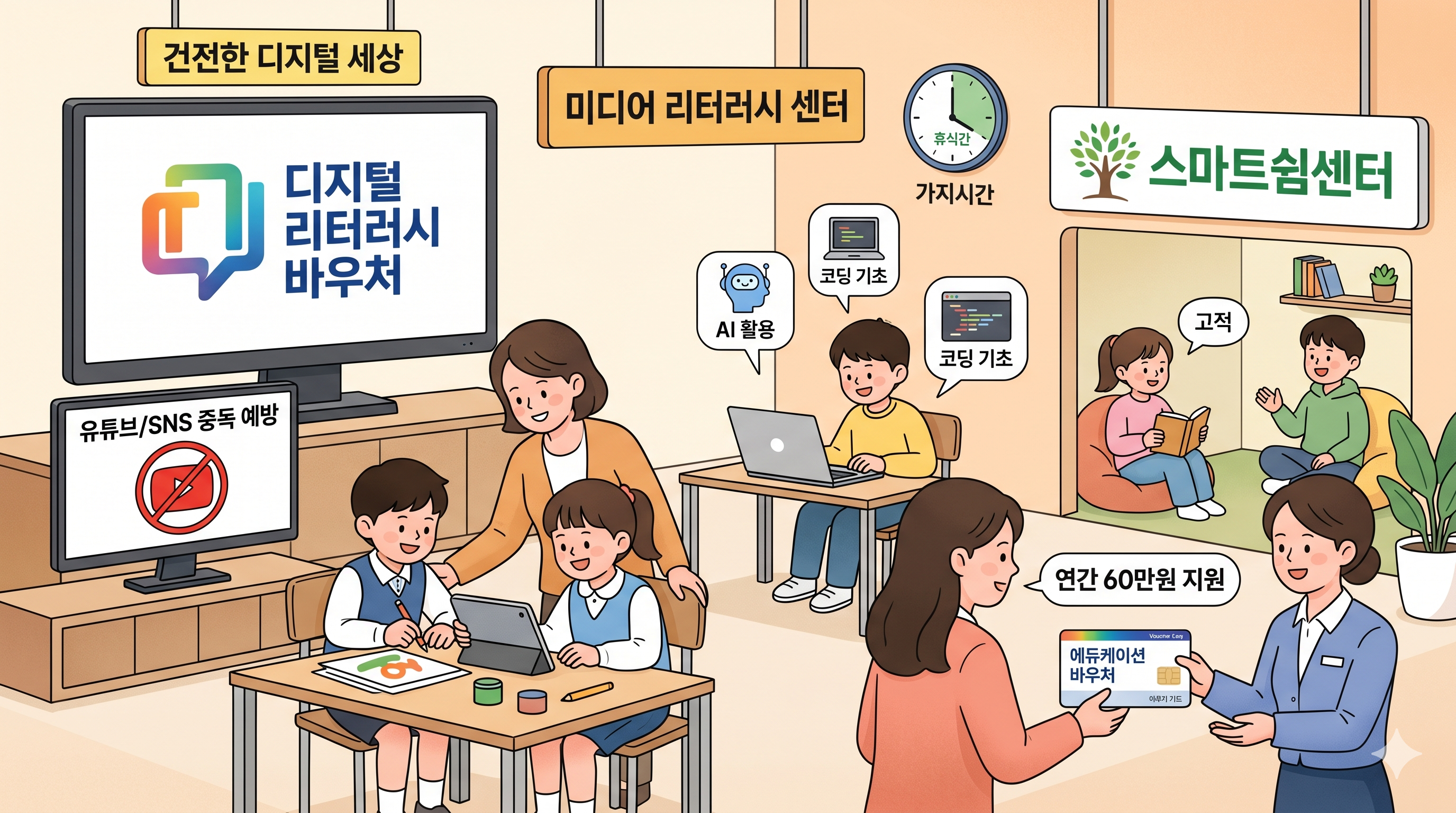 2026년 자녀 디지털 리터러시 바우처 신청 방법 및 스마트폰 중독 예방 교육 스마트쉼센터 활용 가이드 일러스트