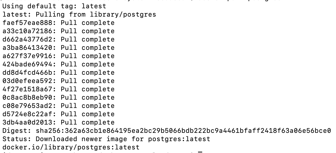 docker pull postgres 명령 실행 결과 화면