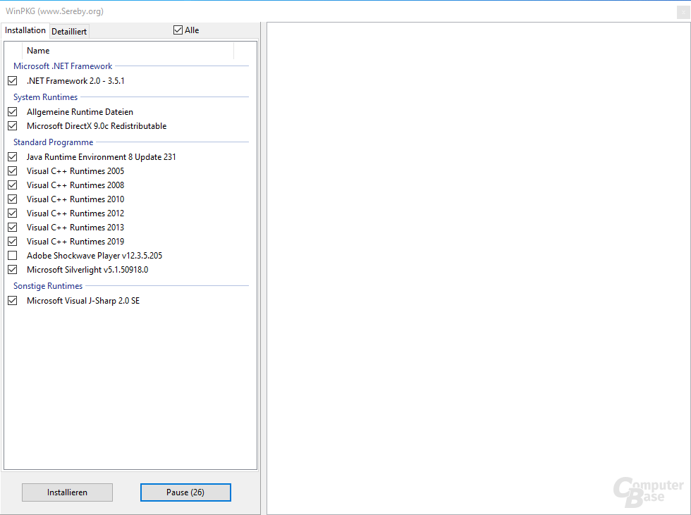.NET Framework
Java SE Runtime Environment
Adobe Shockwave Player (Plug-in)
Microsoft Silverlight (Plug-in)
Visual C++ Runtimes 2005, 2008, 2012, 2013, 2019
Microsoft Visual J-Sharp
weitere allgemeine Runtime-Dateien