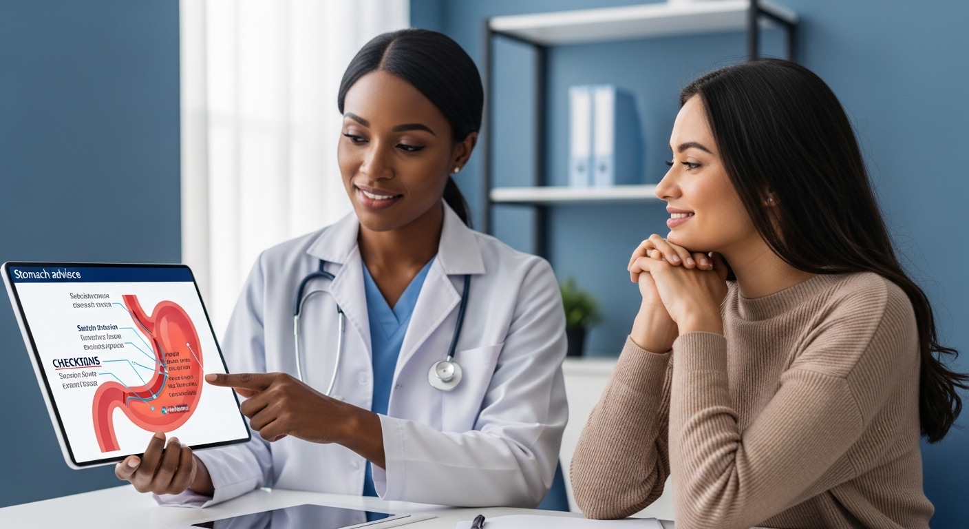 의사가 환자와 위 건강 상담을 하며 조기 진단의 중요성을 설명하는 모습