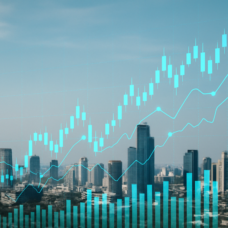 도심 배경 위에 디지털 수익률 차트가 오버랩된 부동산 투자 분석 콘셉트의 이미지