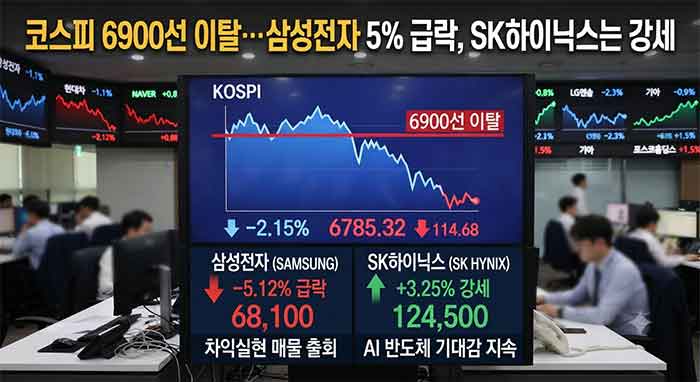 코스피 하락과 삼성전자 급락, SK하이닉스 강세를 나타내는 증권사 전광판 이미지.