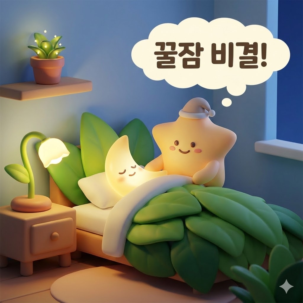 식물성 멜라토닌이 수면의 질을 자연스럽게 개선하는 모습을 묘사한 귀여운 3D 카툰 일러스트.