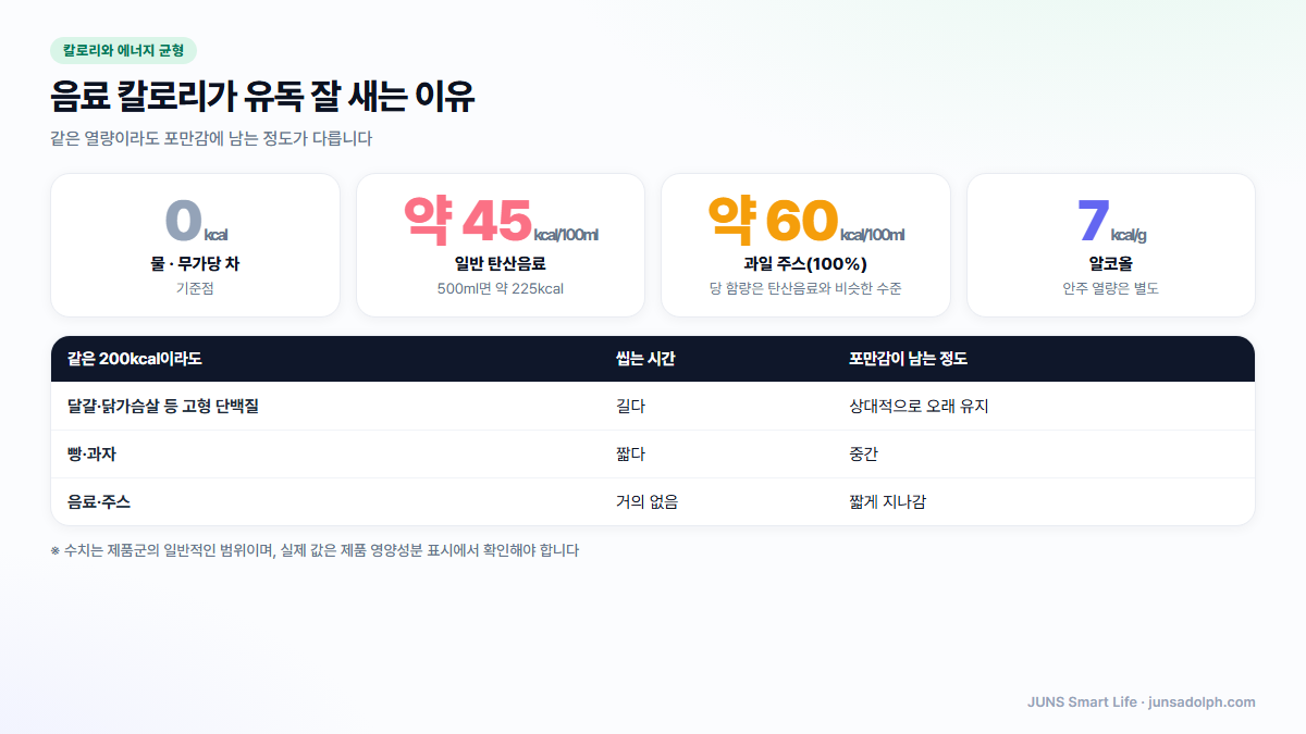 음료 종류별 열량과 포만감 비교 도식