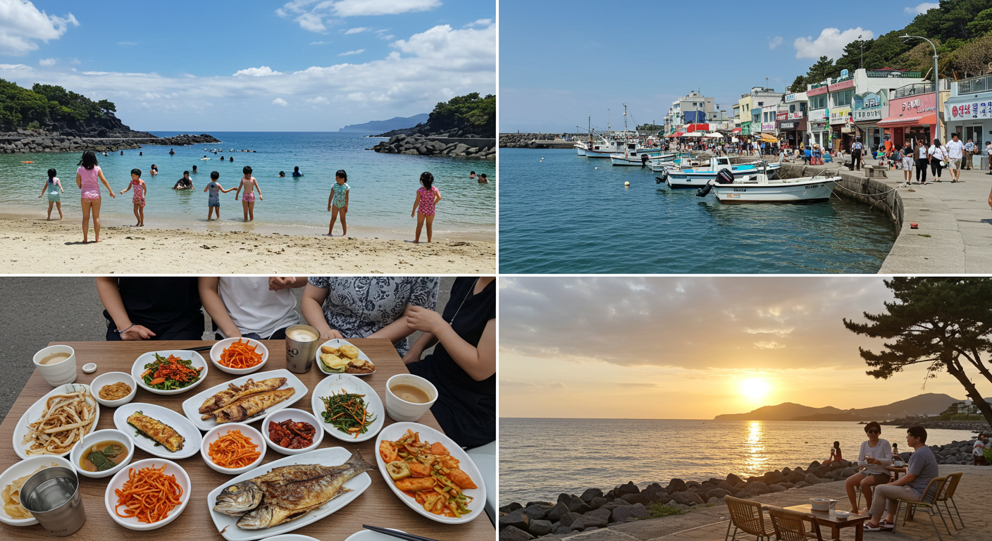 제주 서쪽 일일 여행 코스를 담은 4분할 이미지: 해변 물놀이, 포구 산책, 생선구이, 노을 카페.