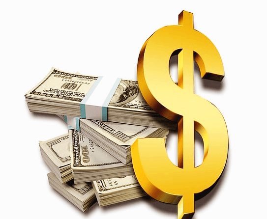 달러 지폐 뭉치들이 여러 개 있고, 황금색의 $가 큰 글씨로 적혀있다.