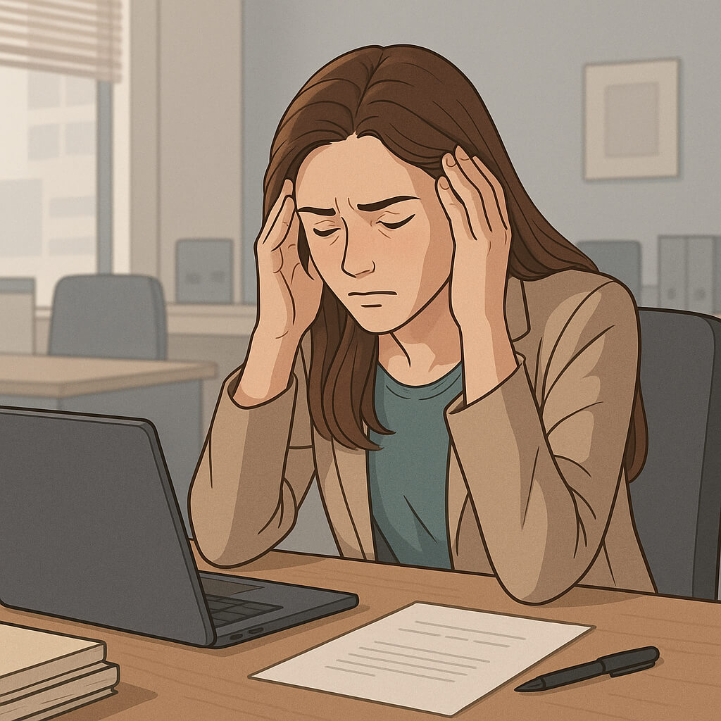 책상 앞에서 번아웃 증상을 느끼는 여성 직장인 일러스트(출처:자체제작)