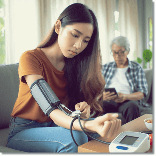 혈압을 재보는 젊은 여성