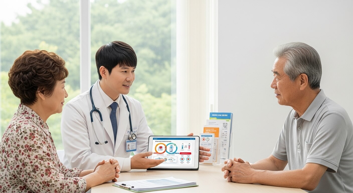 태블릿을 통해 백신 정보를 안내 중인 의사와 중장년 부부