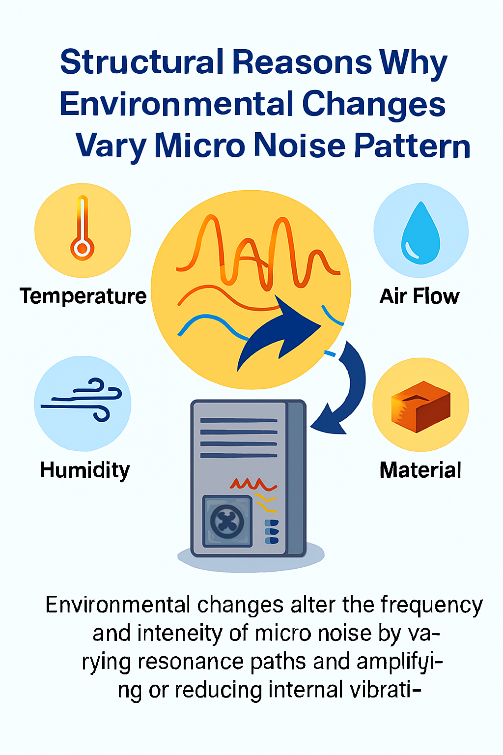 환경 요인이 미시소음의 주파수 구조와 진동 강도에 어떤 영향을 미치는지를 설명하는 이미지