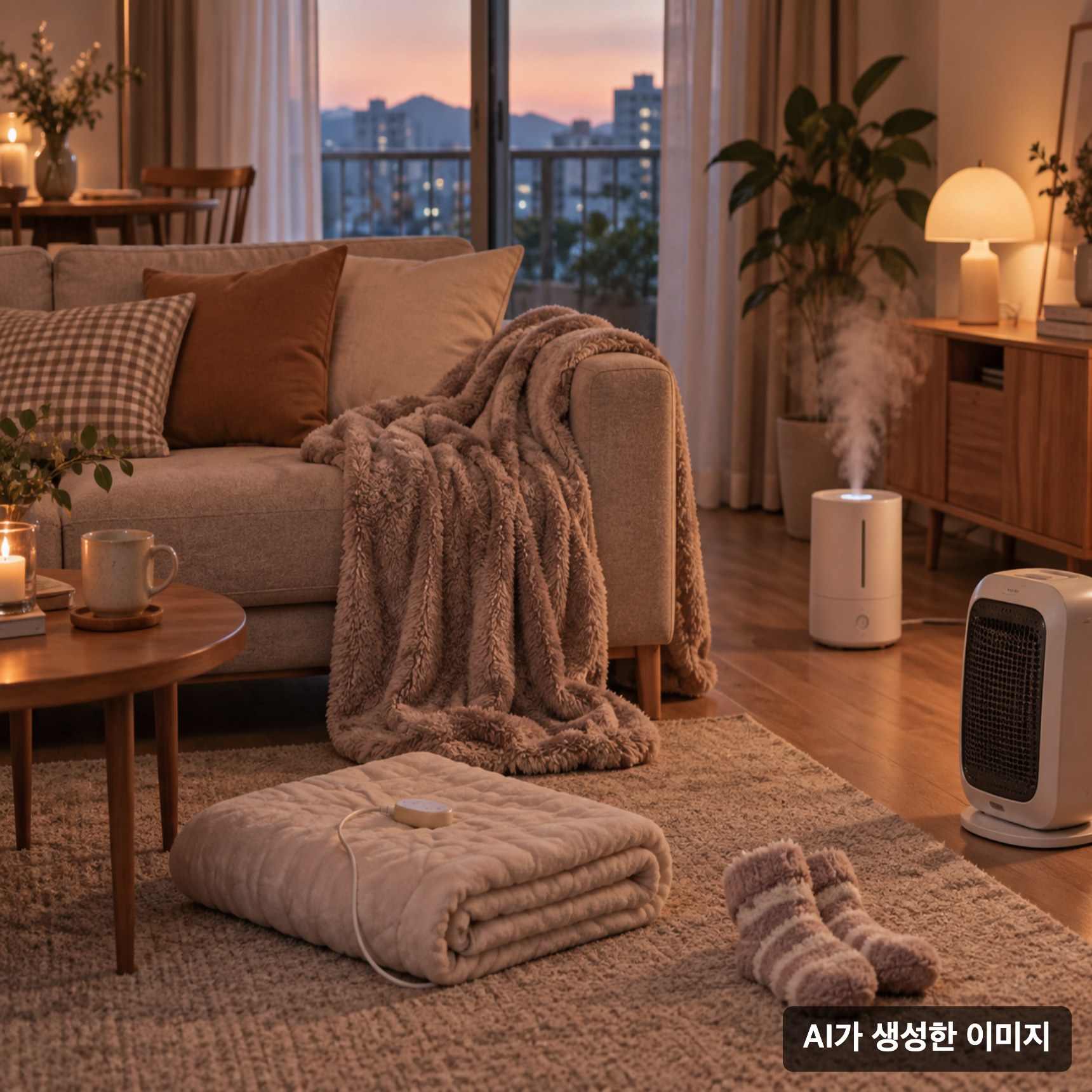 따뜻한 조명 아래 전기요와 극세사 담요, 가습기, 수면양말, 소형 온풍기가 놓인 환절기 거실