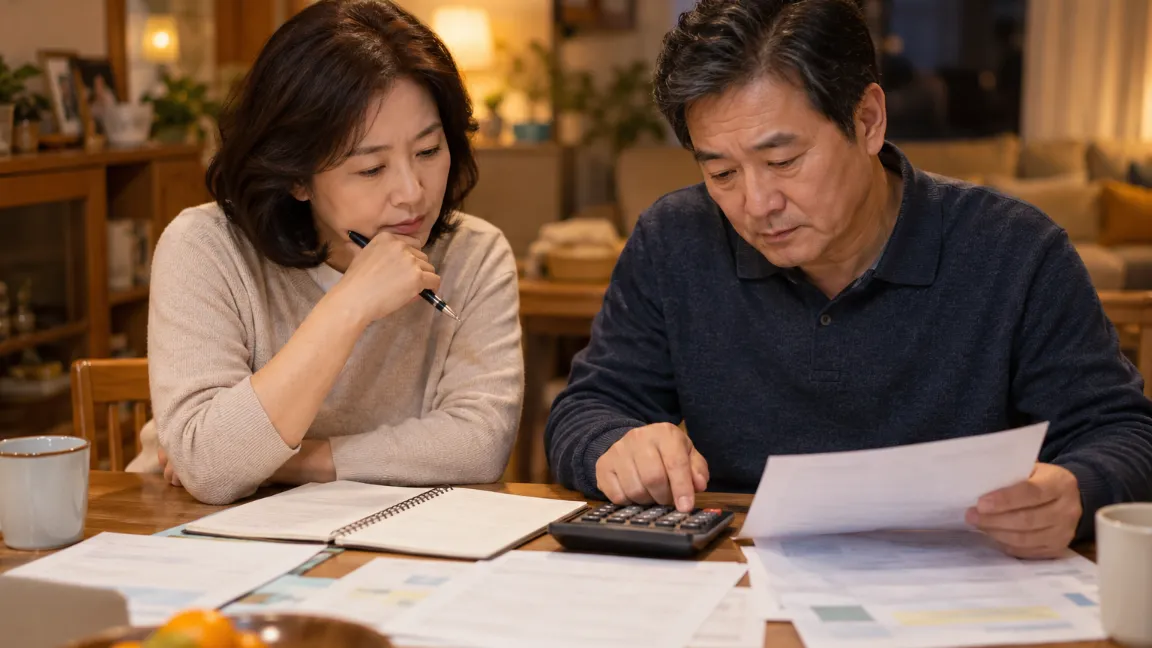 식탁에서 계산기와 서류를 보며 노후 자금을 계산하는 50대 부부. AI 생성 설명 이미지