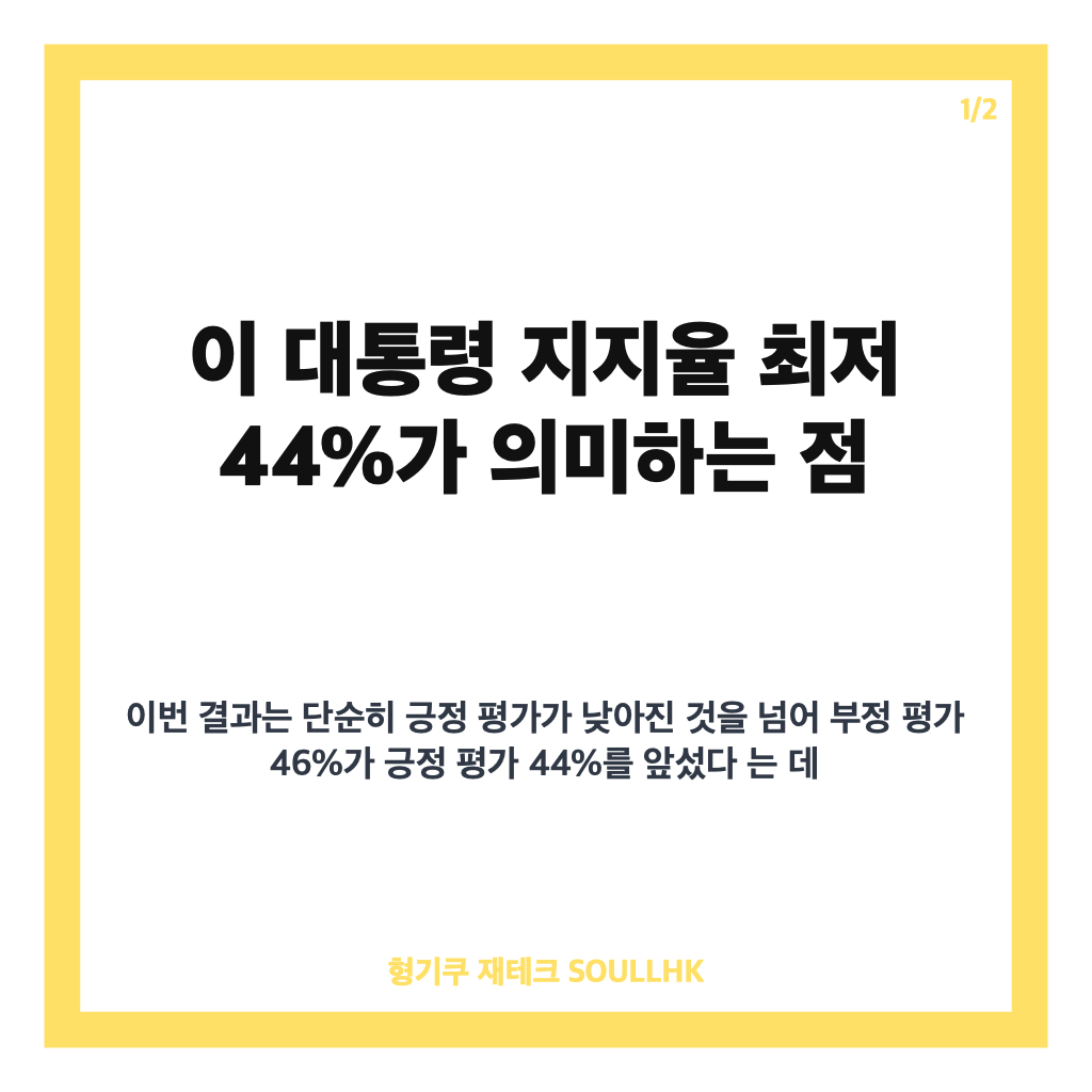 이 대통령 지지율 최저 44% 기록, 부정평가 첫 역전 배경은 카드뉴스 1
