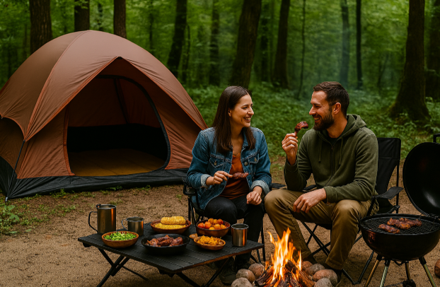 숲속 캠핑 음식 관련 사진