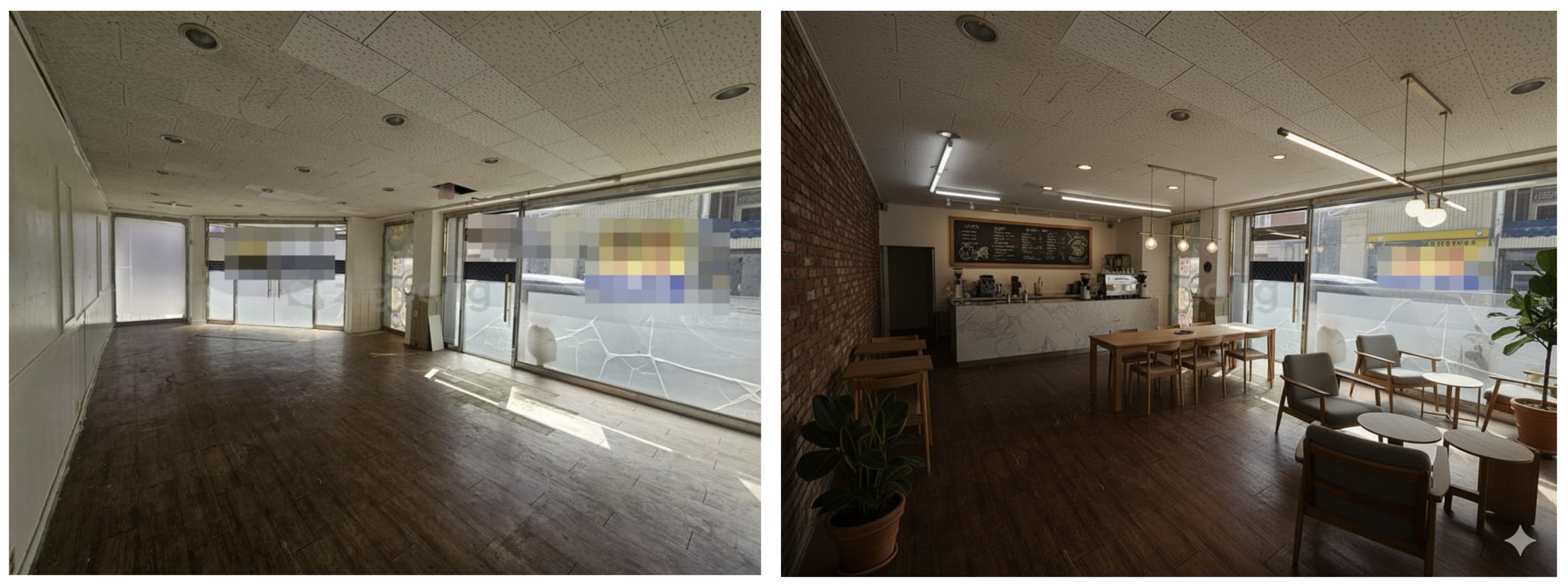 세련되고 기능적인 현대식 카페의 따뜻하고 매력적인 내부 공간으로 변경되었습니다.