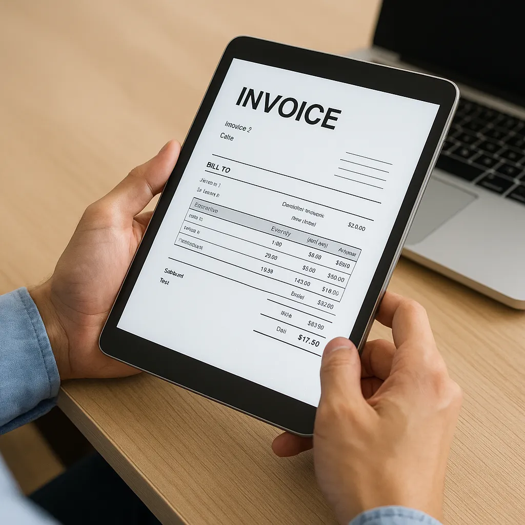 전자세금계산서-양식이-보이는-태블릿을-두-손으로-잡고-살펴보는-사람의-모습으로,-개인도-전자세금계산서를-발급할-수-있는지에-대한-질문을-상징적으로-표현한-이미지